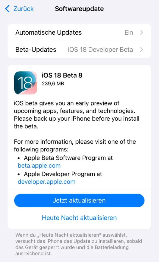 闽侯苹果手机维修分享苹果 iOS / iPadOS 18 开发者预览版 Beta 8 发布 